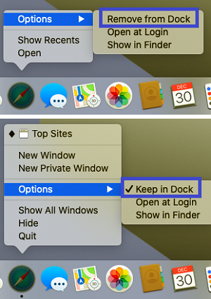 Dock, Remove from Dock, Keep in Dock