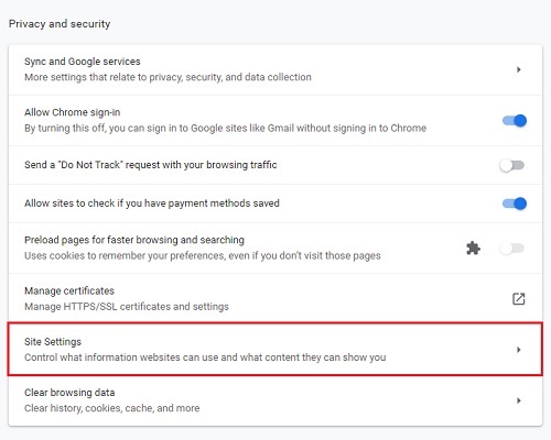Google Chrome advanced settings, Site settings