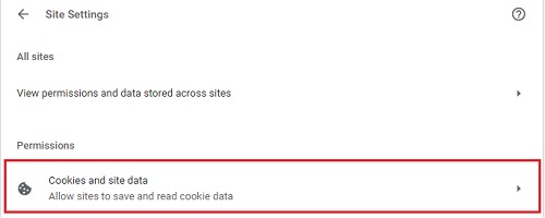 Google Chrome Site settings, Cookies and site data