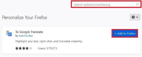 Firefox add-on settings, Search bar, Add to Firefox