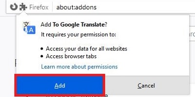 Firefox URL permissions popup, Add