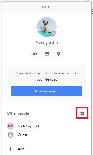 Chrome profile list showing gear icon