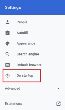 Google Chrome Settings, On startup