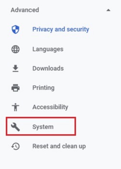 Google Chrome advanced settings, System