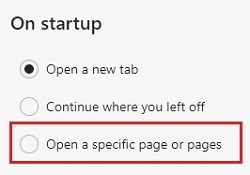 Microsoft Edge On startup settings, Open a specific page or pages