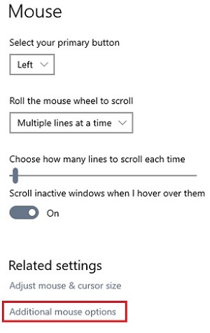 Windows Settings, Mouse Settings, Additional Mouse Settings