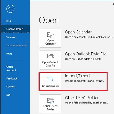Outlook File Menu, Import/Export
