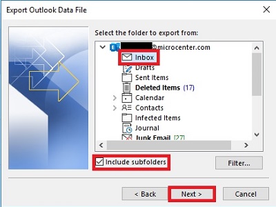 Export Outlook Data File, Folder selection