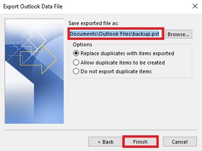 Export Outlook Data File, Save location