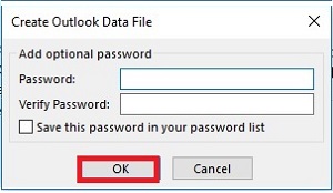 Create Outlook Data File, Optional password