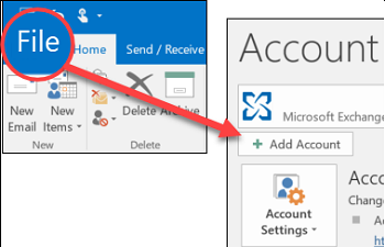 Outlook, File Menu, Add Account