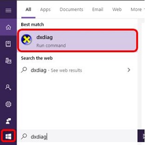 Windows 10 desktop, Windows Start menu, dxdiag search