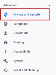 Google Chrome advanced settings, Privacy and security