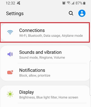 Settings showing Connections