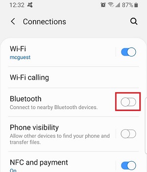 Connections menu showing Bluetooth