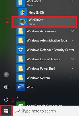 Windows 10 Desktop, Start menu, WinDirStat