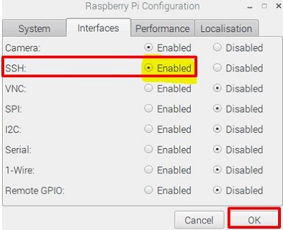 Raspberry Pi configuration, Interfaces tab, SSH Enabled