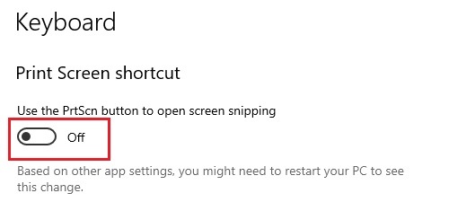 Windows Settings, Keyboard options, Print screen shortcut