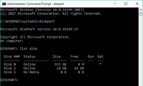 command prompt, diskpart, list disk