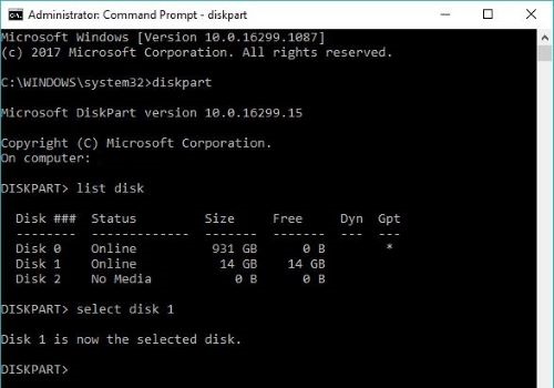 command prompt, diskpart, select disk