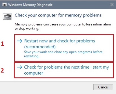 Windows Memory Diagnostic, restart options