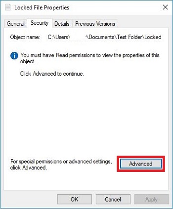 Properties Window security tab advanced