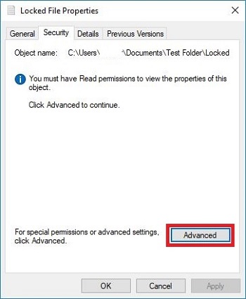Locked file properties security tab advanced