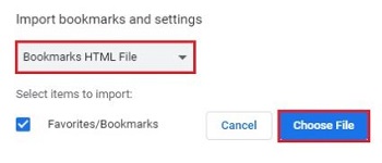 Import menu, Bookmarks HTML file, Choose File