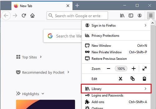 Mozilla Firefox, Menu options, Library
