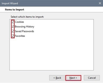 Import Wizard, Items to Import choices