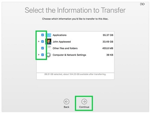 Migration Assistant, Items to transfer checkboxes