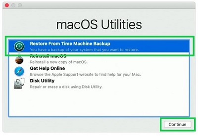 macOS Utilities, Restore from Time Machine Backup