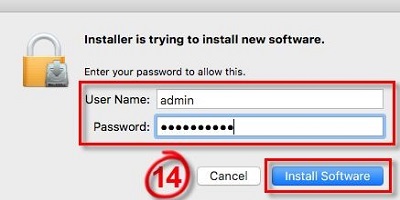 Administrator username and password prompt, login information, install software