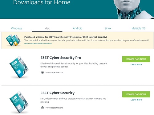 ESET downlaod page, Mac Home Downloads