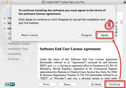 End User License Agreement, continue, agree