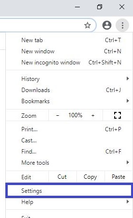 Chrome browser, Menu, Settings