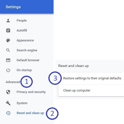 Google Chrome Settings, Advanced Settings, Reset and Clean up, Restore Settings