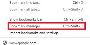 Google Chrome menu, Bookmark manager