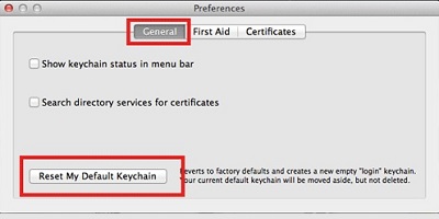 Keychain access preferences, general tab, reset default keychains button