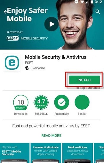 Google Play store, ESET mobile security app, Install