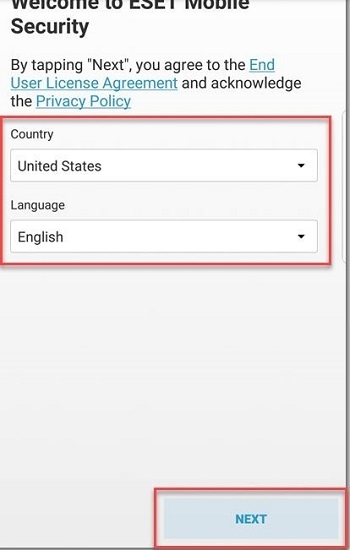 ESET mobile app, country and language settings