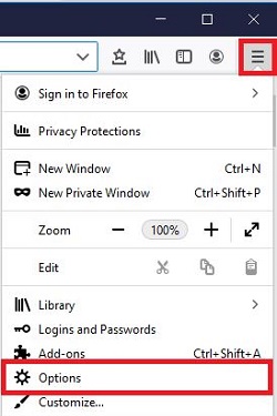 Firefox menu, Options
