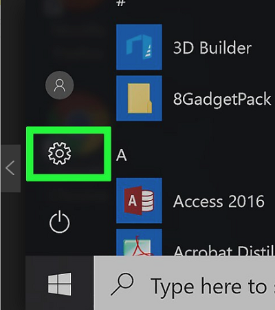 Windows start menu, Settings