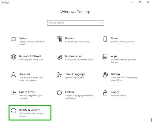 Windows settings, Update & Security