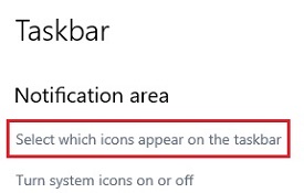 Taskbar settings, Select which icons appear on the taskbar