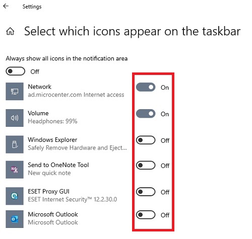 List of available icons to appear on the taskbar