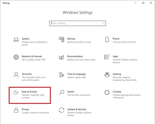 Windows 10 Settings, Ease of Access