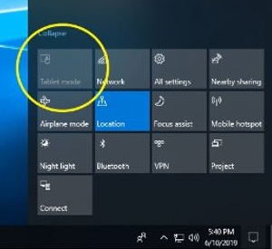 Windows 10 desktop, Action Center, Tablet Mode