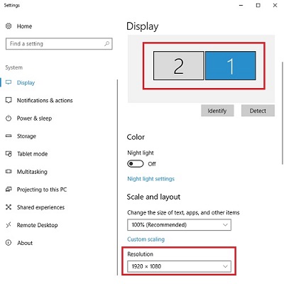 Windows 10 Settings, Display settings, resolution drop down menu