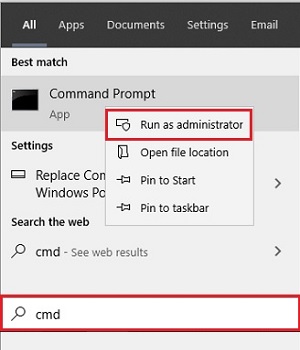 Windows Search, cmd, Run as Administrator